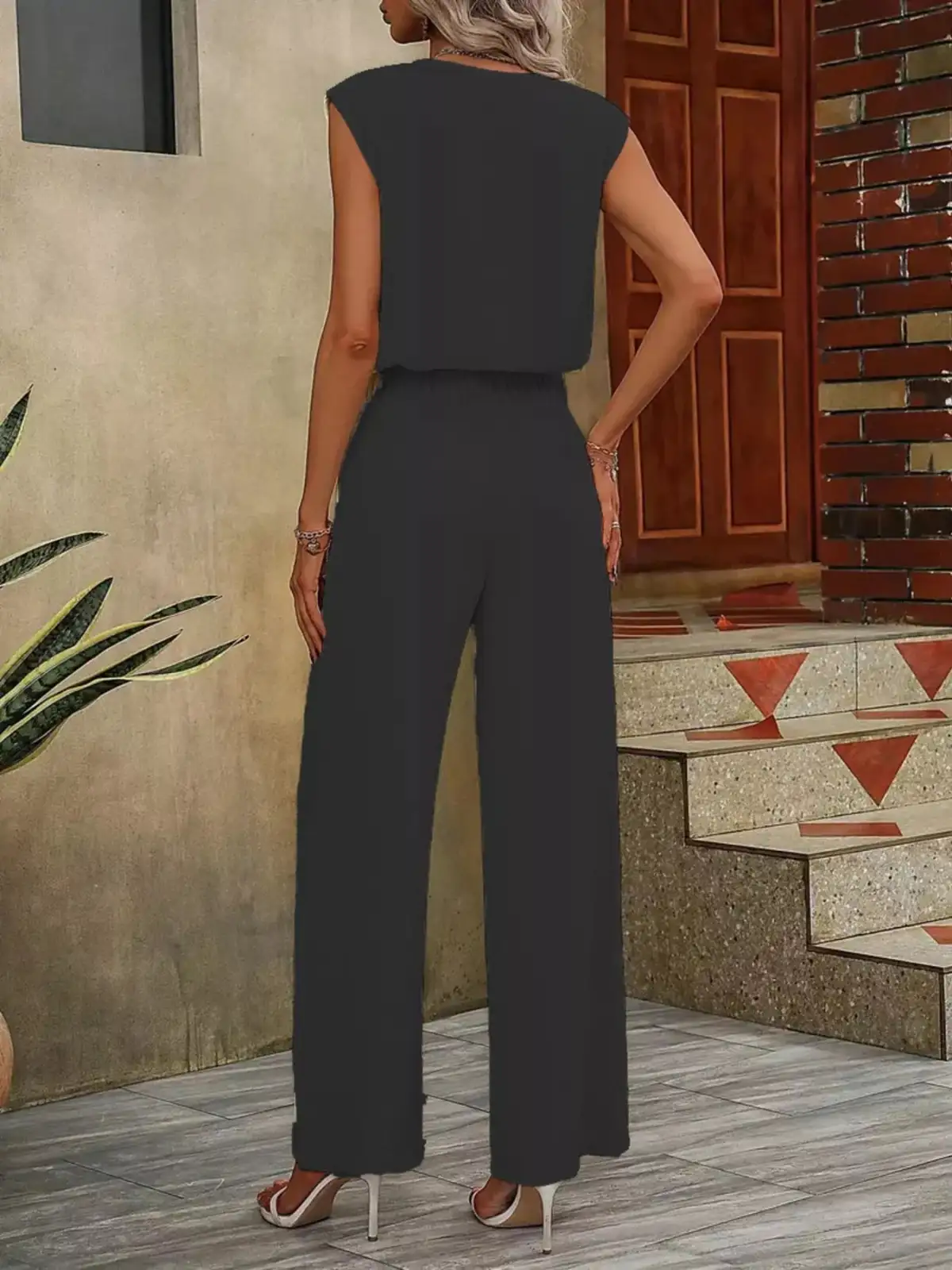 Refined V-Neck Wide-Leg Pants Matching Set
