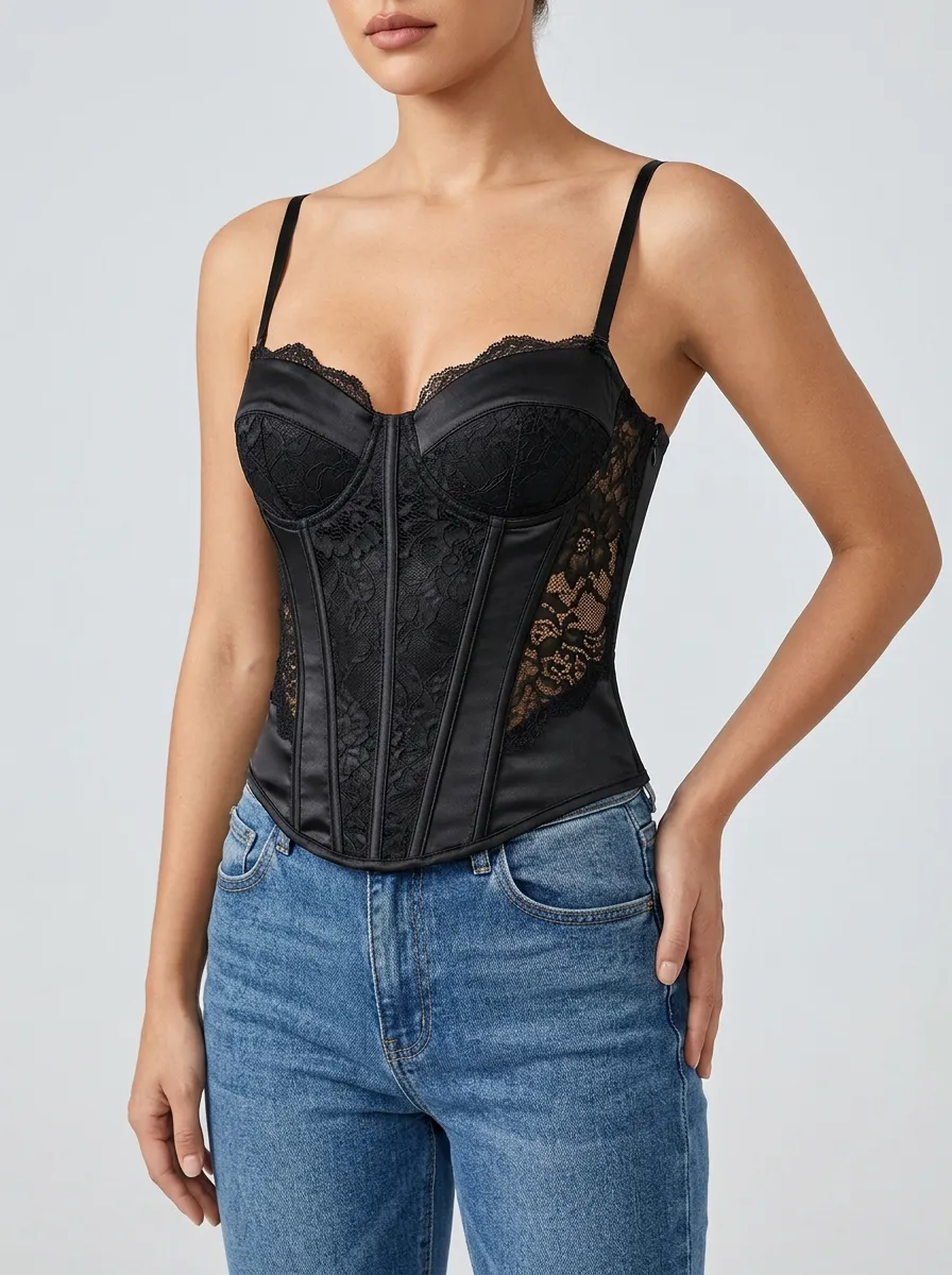 Lace-Trim Satin-Look Sheer-Panel Women's Corset Top