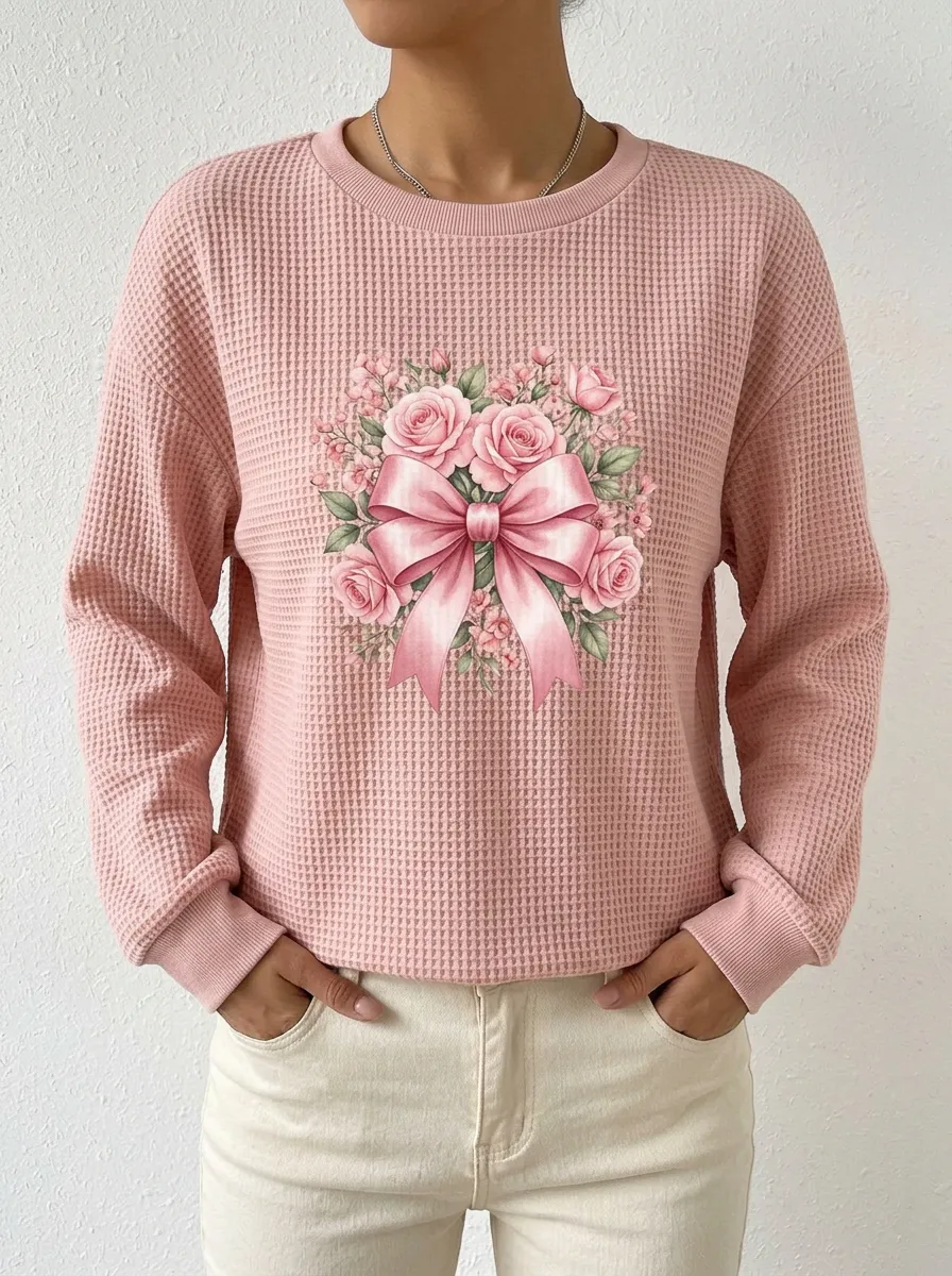 Rose Botanical Women's Breast Cancer Awareness Waffle Sweatshirt