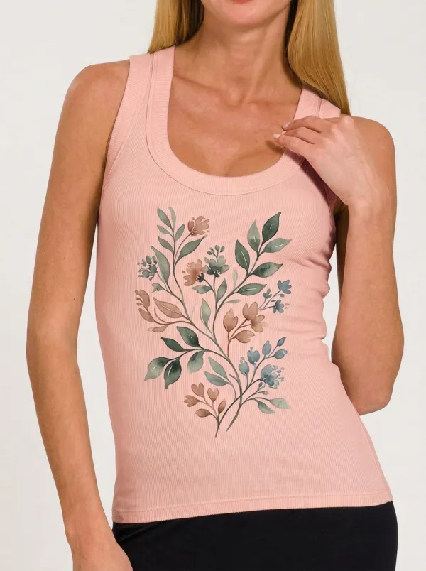 Women's Botanical Nature Lover Watercolor Floral Printed Ribbed Tank Top