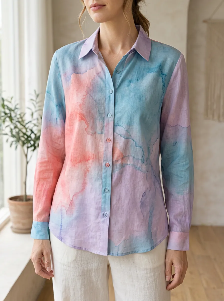 Women's Painterly Watercolor Abstract Pastel Shirt