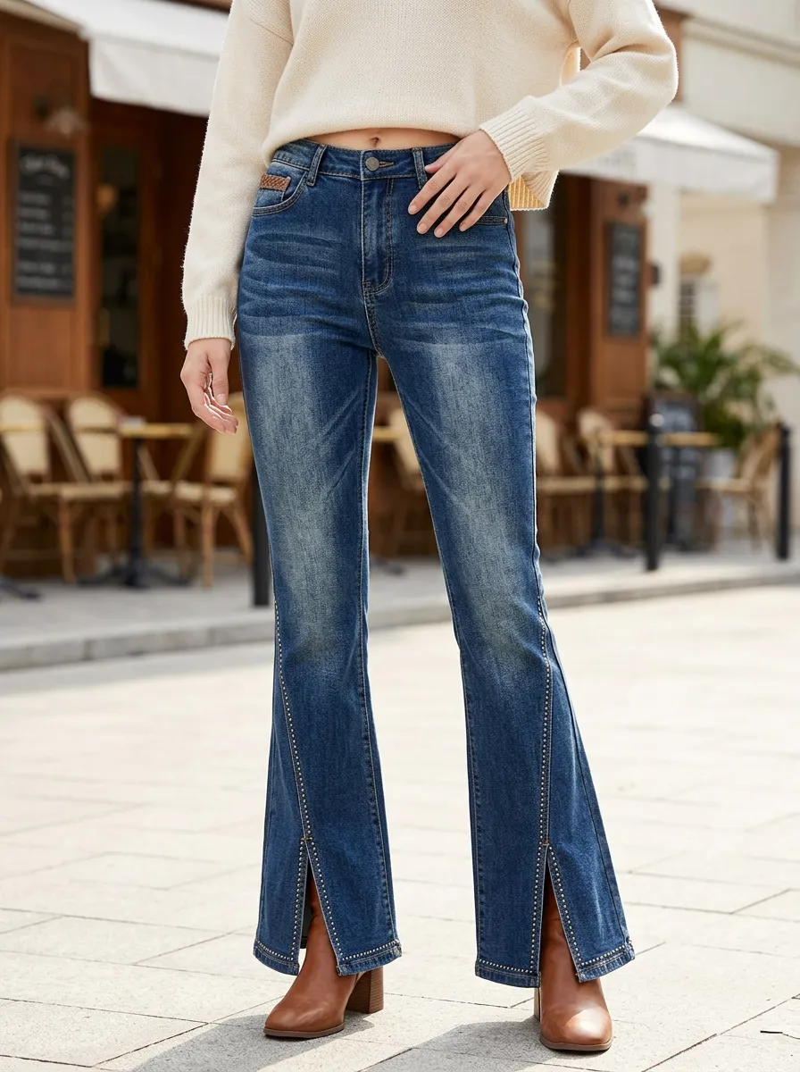 Women's High-Waisted Studded Split Hem Denim Jeans