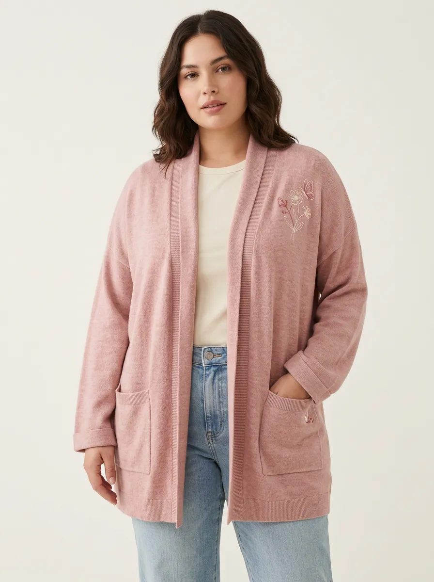 Pink Modern Butterfly Floral Embroidered Open-Front Cardigan