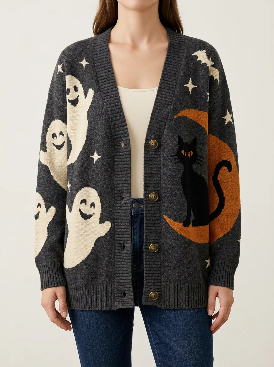 Women's Halloween Ghost Cat Moon Pattern Knitted Cardigan