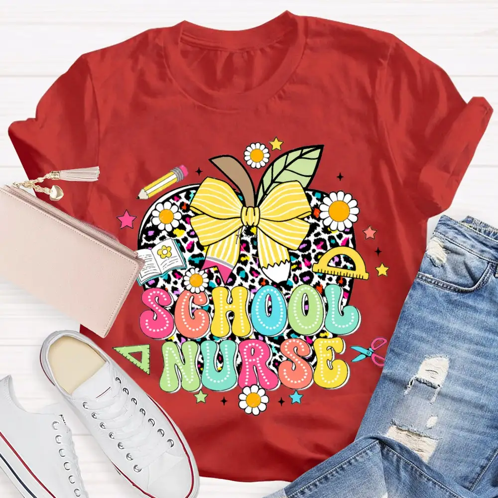School Nurse Polka Dot Apple And Bow T-Shirt