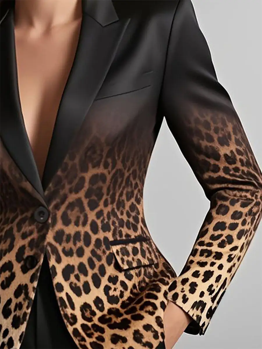 Long Sleeve Button Front Gradient Leopard Pocket Notched Blazer