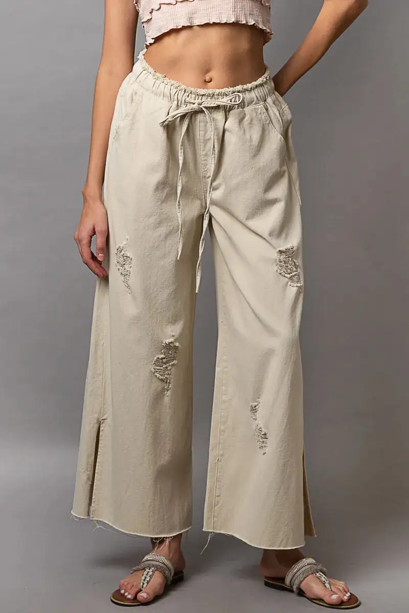 Distressed Drawstring Slit Wide Leg Pants