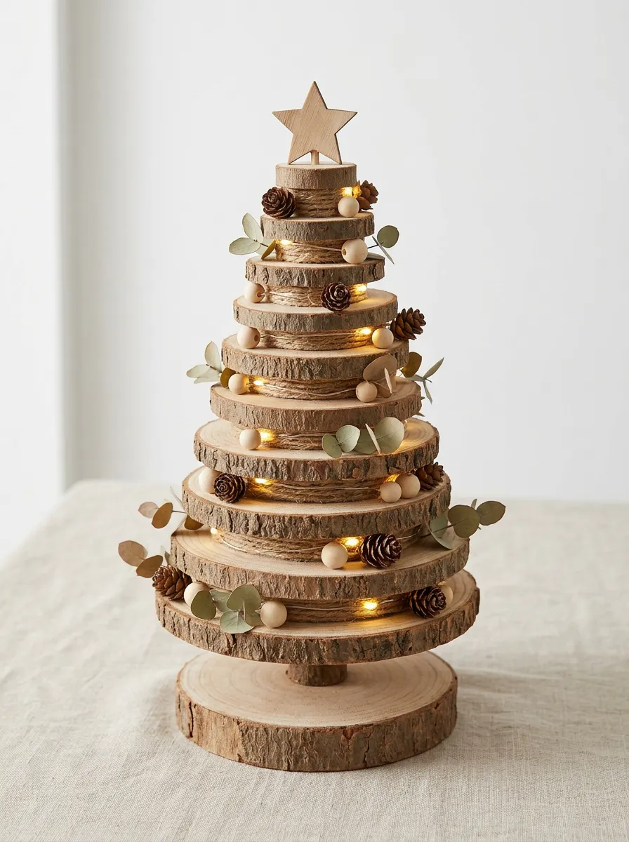 Rustic Wood Slice Pinecone LED Christmas Tabletop Tree