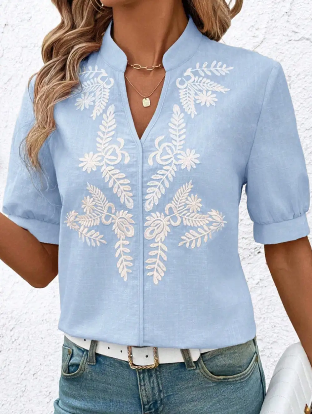 V Neck Embroidered Cotton Short Sleeve Blouse