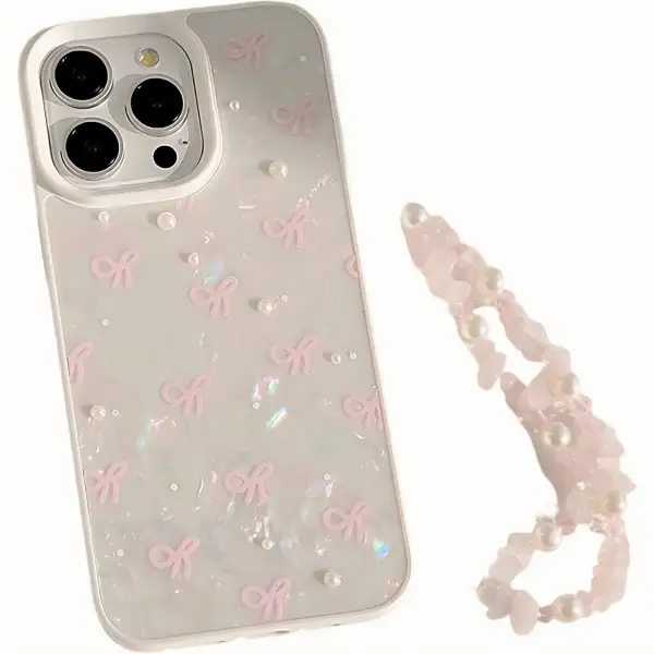 Bow Cat Wrist Strap Beaded Wristlet Phone Case