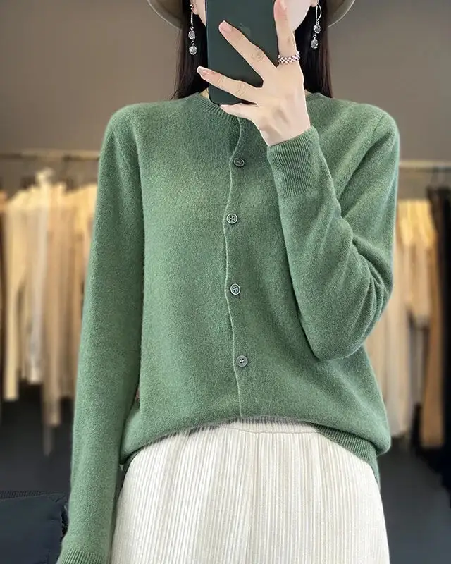 Merino-Wool Wool Round-Neck Cardigan