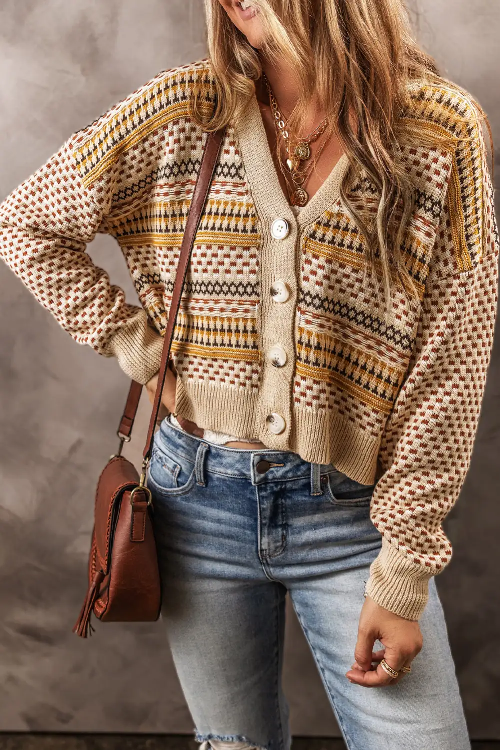 Button Front V Neck Cropped Cardigan