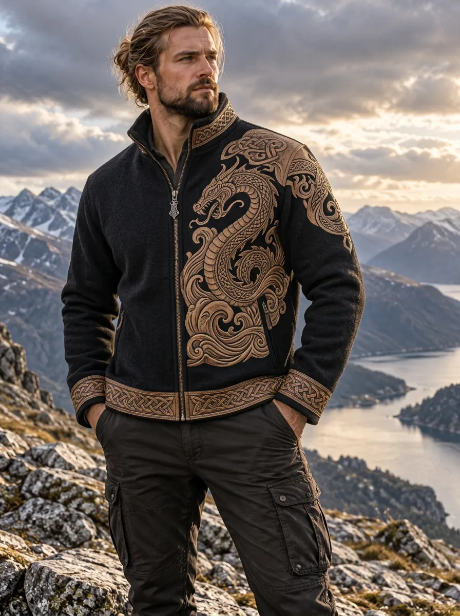 Men's Viking-Inspired Dragon Knotwork Zip-Up Jacket