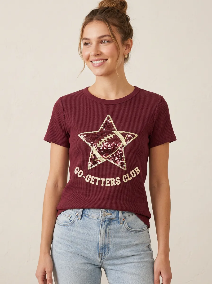 Women's Football Ball Star Crew Neck Graphic T-Shirt