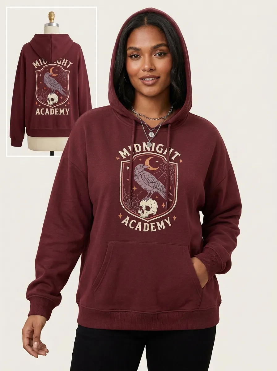 Women's Halloween Gothic Raven Skull Midnight Academy Printed Hoodie
