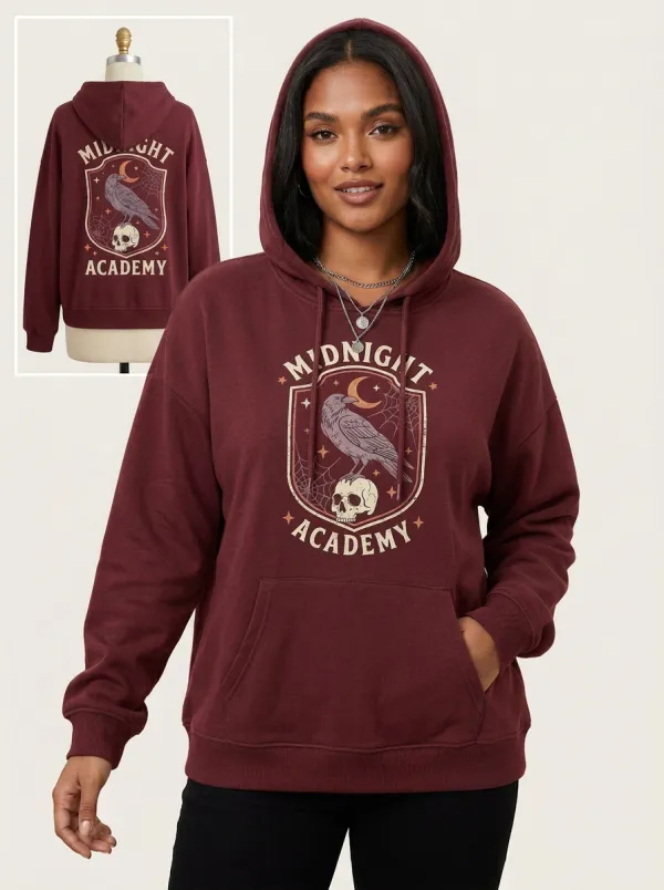 Women's Halloween Gothic Raven Skull Midnight Academy Printed Hoodie