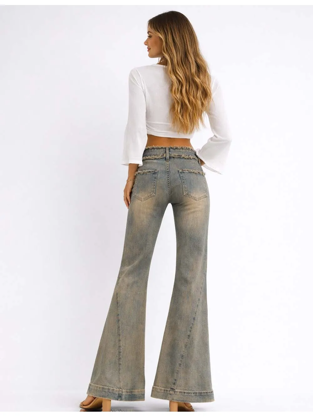Vintage Raw Edge Waist Flared Leg Denim Pants