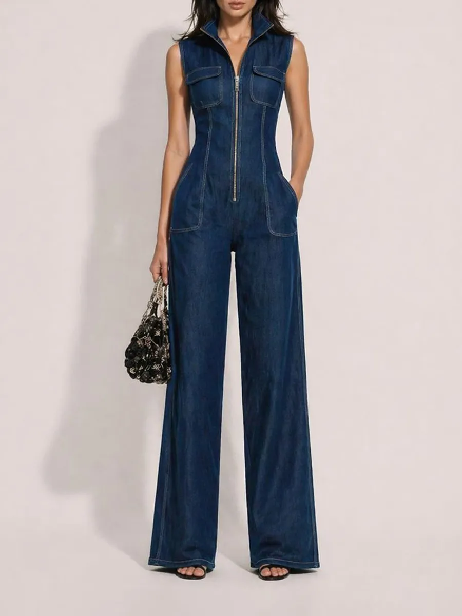 Celine Retro Stand-Collar Zip-Front Sleeveless Denim Jumpsuit