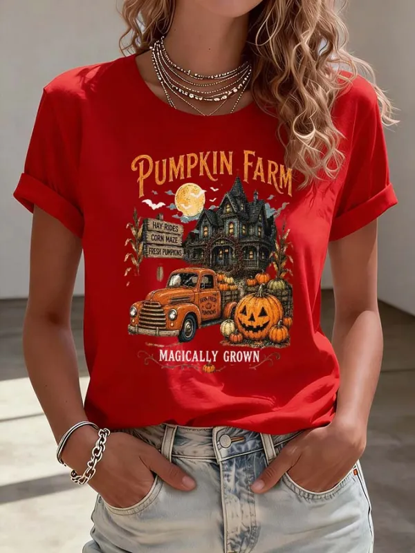 Women'S Pumpkin Farm Printed Casual Round Neck Short Sleeved T-Shirt