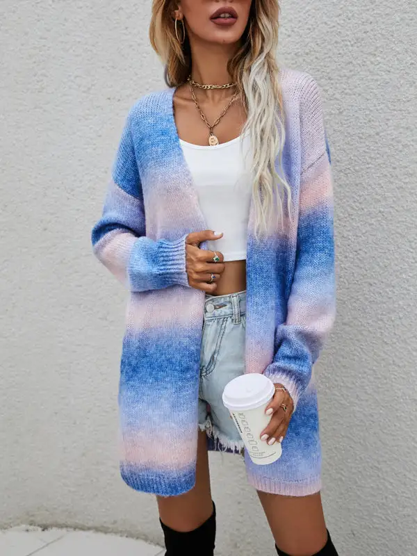 Open-Front Long-Sleeve Drop-Shoulder Mid-Length Knit Jacket