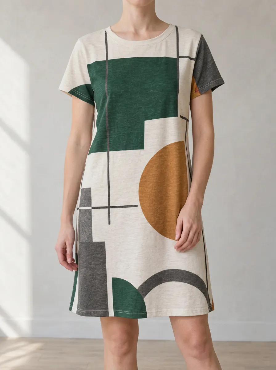 Women's Crew Neck Shift Geometric Print Shift Dress