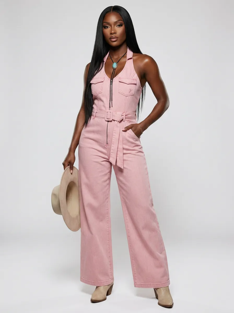 Pink Western Sleeveless Denim Jumpsuit