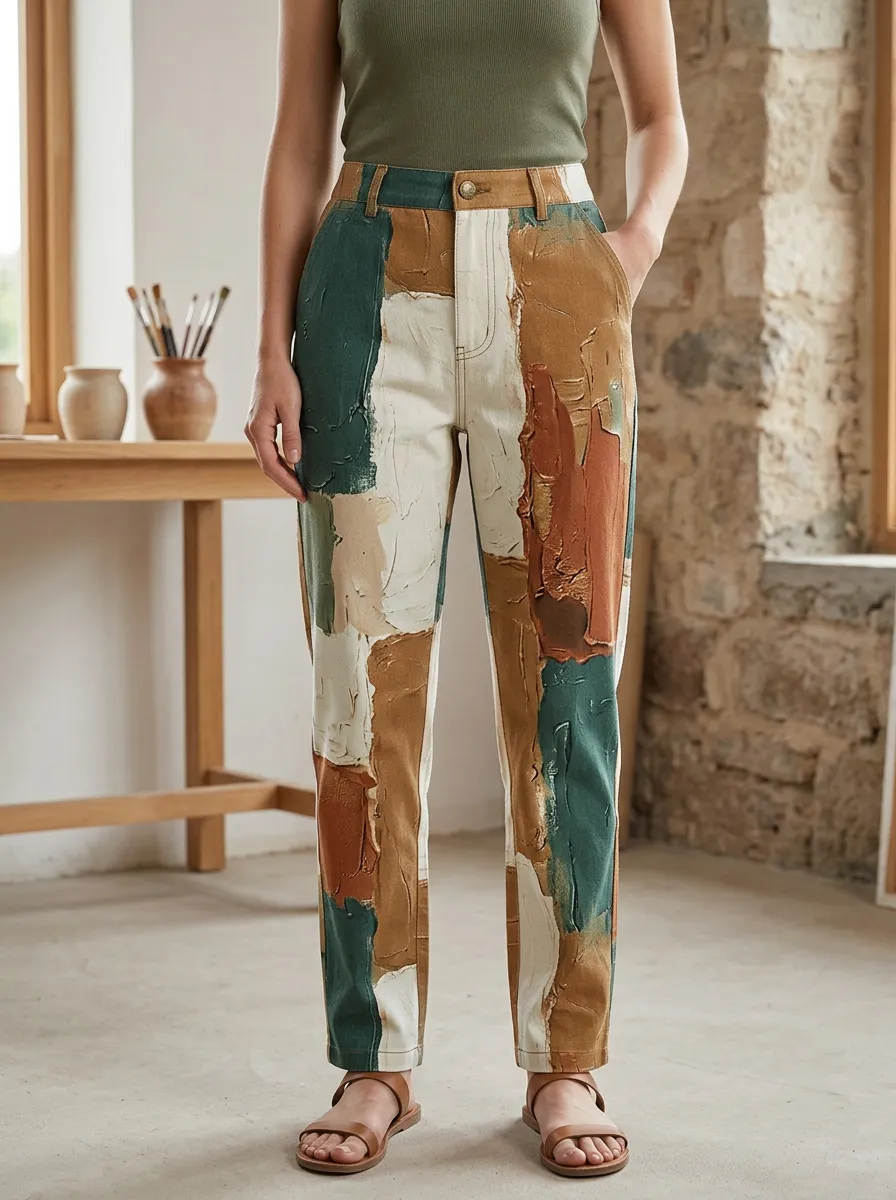Women's Abstract Oil Painting Art Print Patchwork Printed Pants
