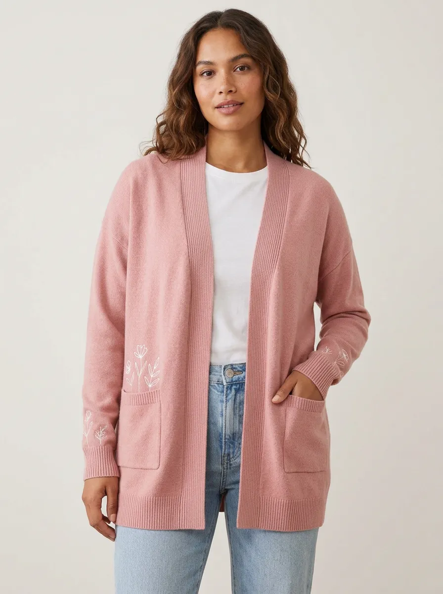 Women's Floral Minimalist Pink Embroidered Open Front Knit Cardigan