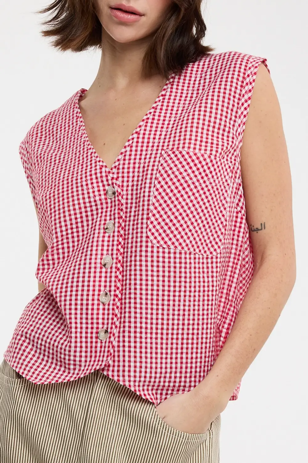 Gingham Button Front V Neck Cropped Tank Top