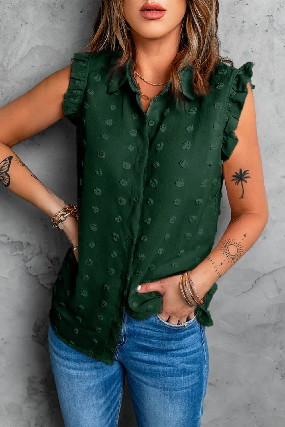 Turn Down Collar Ruffle Polka Dot Tank Top
