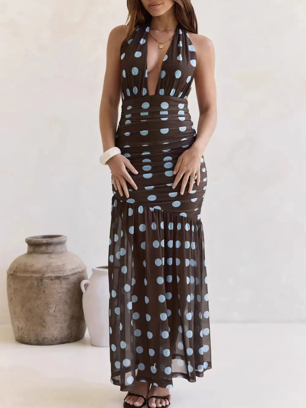 Ruched Halter Polka-Dot Maxi Dress