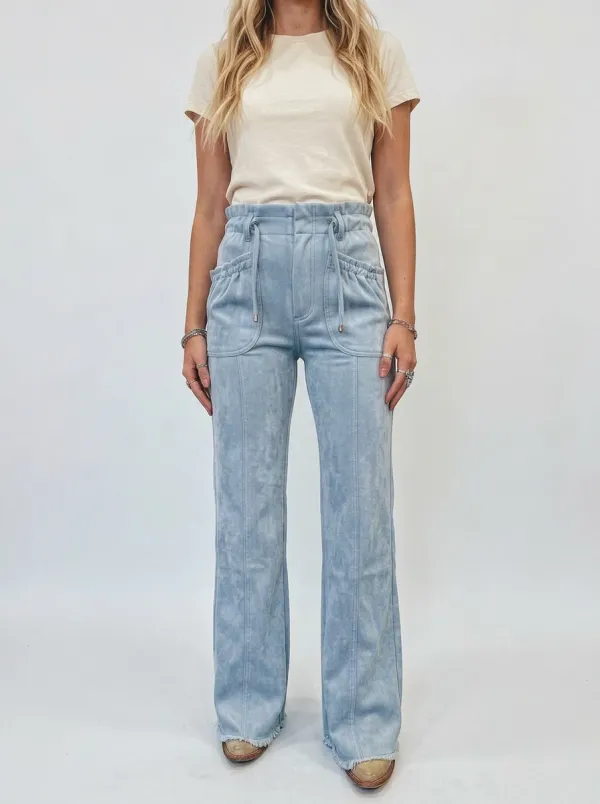 Women's Western Style Light Blue Faux Suede Drawstring Pants
