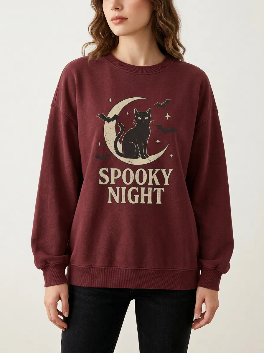 Women's Halloween Spooky Night Black Cat Moon Bats Printed Sweatshirt