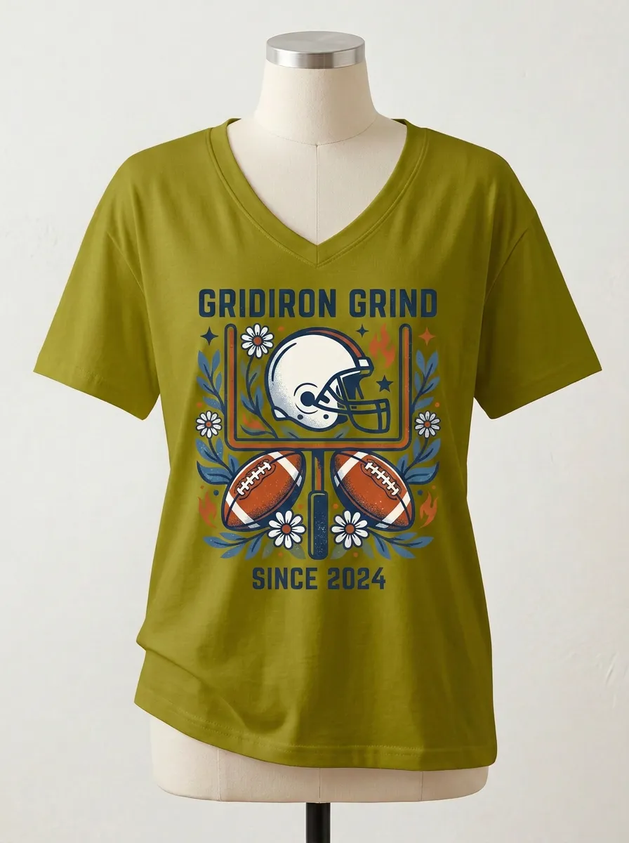 Women's Football Fan Gridiron Grind Helmet Floral Graphic V-neck T-shirt