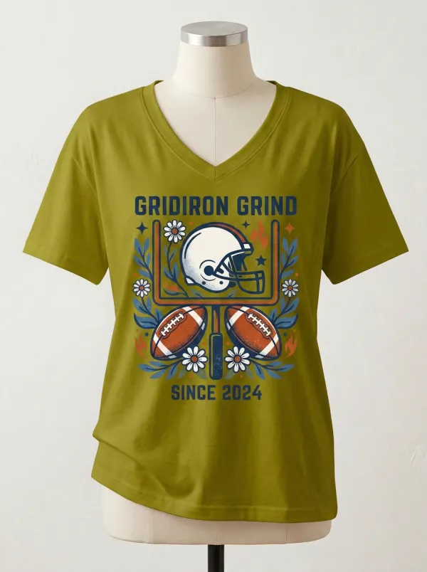 Women's Football Fan Gridiron Grind Helmet Floral Graphic V-neck T-shirt