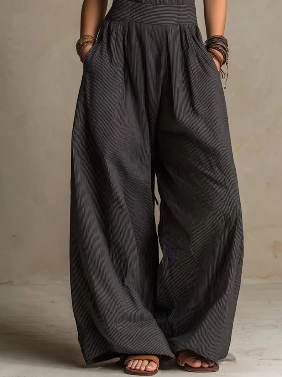 Boho Charcoal Crisscross Halter Pinstripe Wide-Leg Jumpsuit