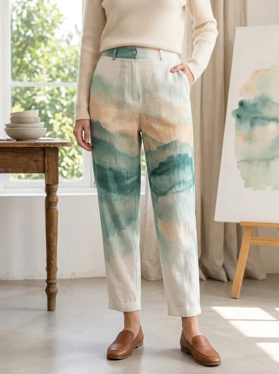 Women's Watercolor Landscape Printed Trousers