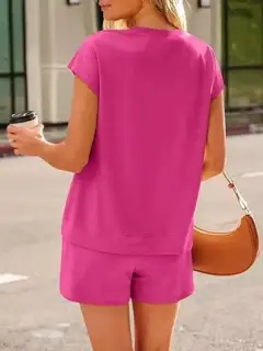 Button-Detail Pocketed Top and Shorts Matching Set