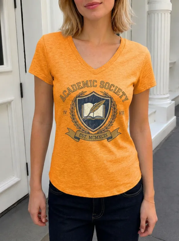 Women's Academic Society Book Feather Crest Printed V-neck T-shirt