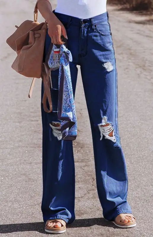 Ripped High Rise Wide Leg Denim Jeans