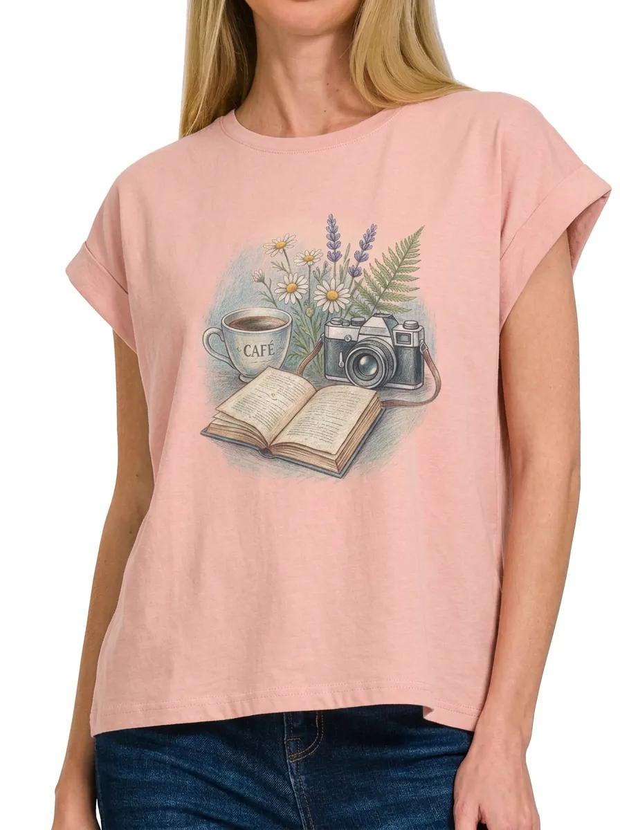Women's Book Coffee Camera Flower Printed T-shirt