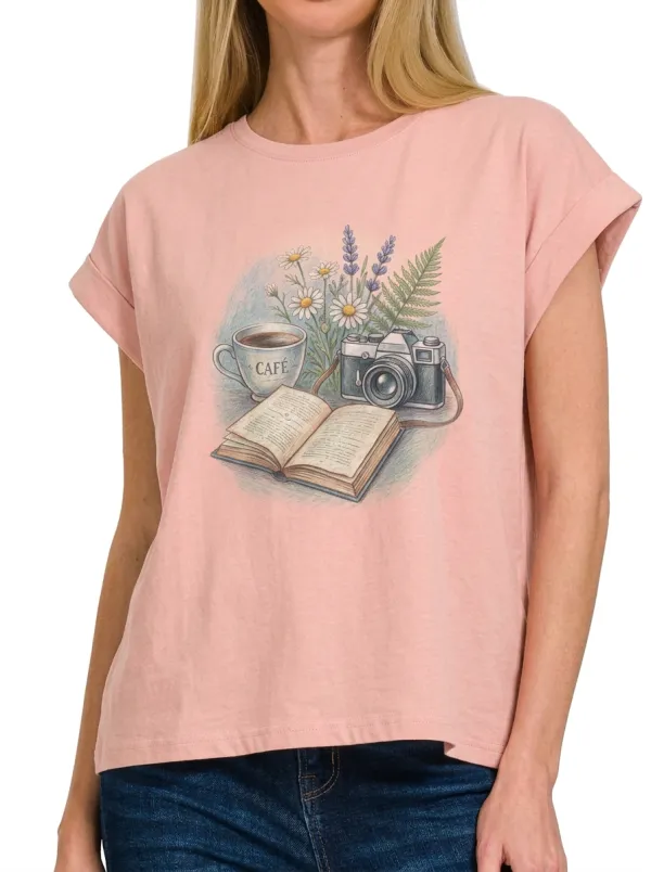 Women's Book Coffee Camera Flower Printed T-shirt