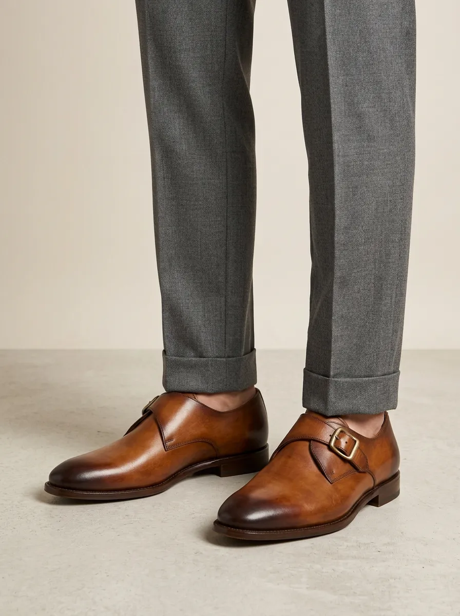 Men's Modern Classic Leather Single Monk Strap Dress Shoes