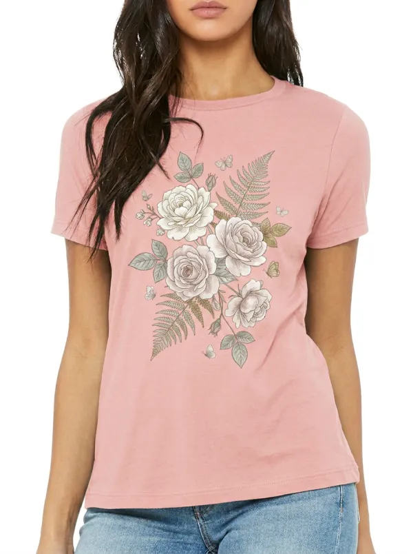 Women's Botanical Floral Rose Fern Butterfly Printed T-shirt