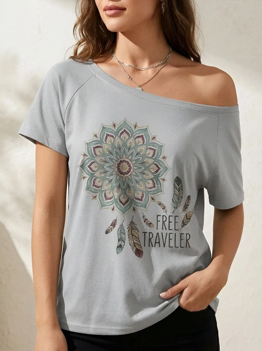 Women's Boho Traveler Mandala Feather Printed T-shirt