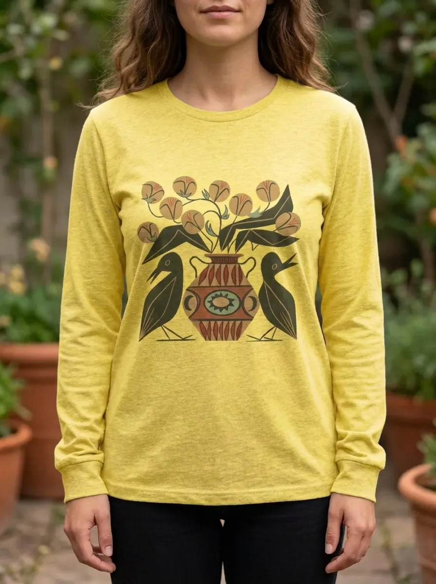 Women's Folk Art Bird and Floral Vase Printed Long Sleeve T-shirt