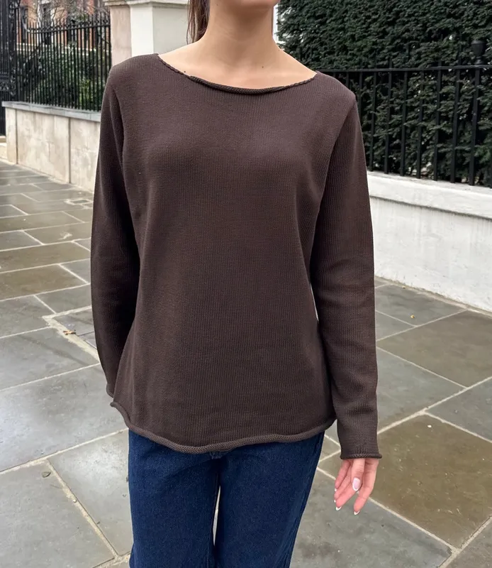 Dark Brown Raw Hem Sweater