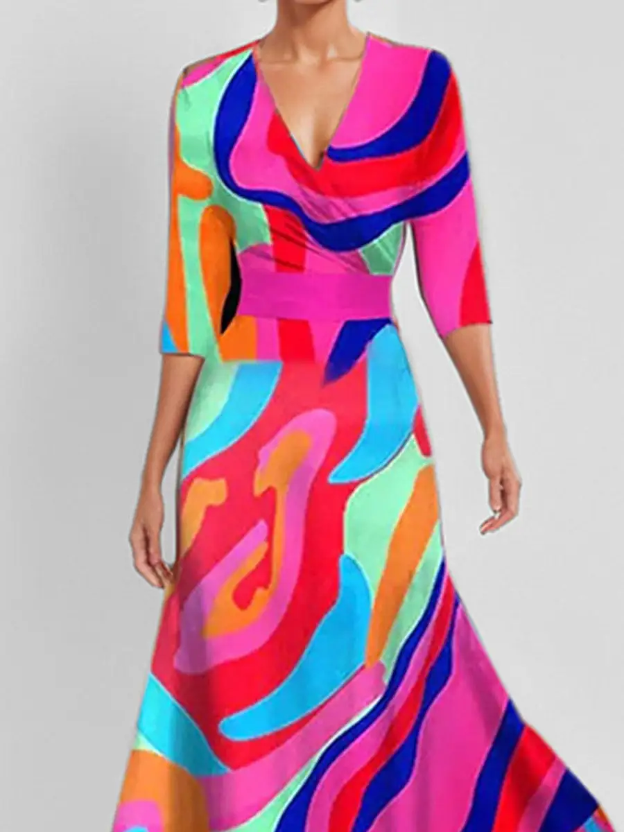Elasticated Printed Neck Maxi Dress