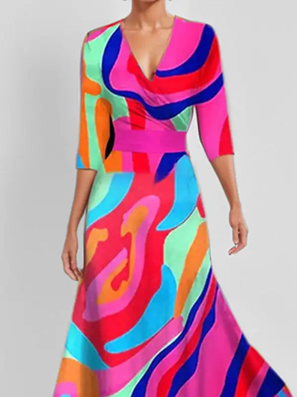 Elasticated Printed Neck Maxi Dress