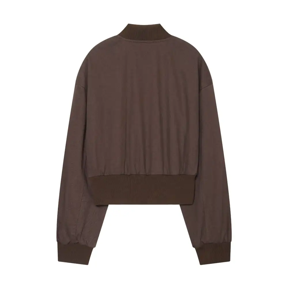 Cropped Oversized Zip Front Ribbed Trim Bomber Jacket